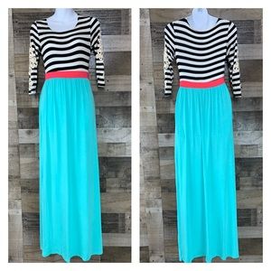 Bellamie Aqua Coral Black White Stripe Maxi Dress